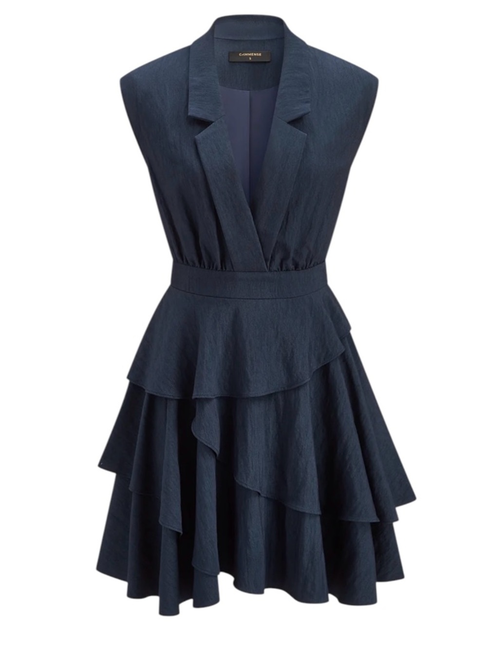 Commense Tiered Ruffle Sleeveless Blazer Dress NWT Medium Navy Blue Rayon Blend